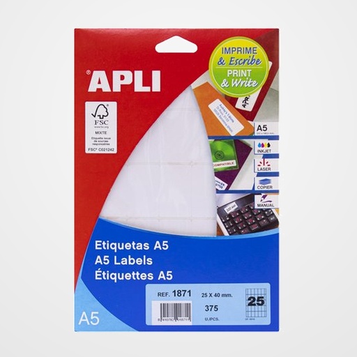 ETIQUETAS ADH.IMPR.APLI A5 BLANCA C.ROMOS BLISTER 15h 25x40 mm 375 uds.(01871)