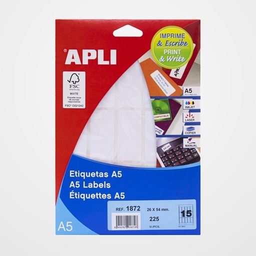 ETIQUETAS ADH.IMPR.APLI A5 BLANCA C.ROMOS BLISTER 15h 26x54 mm 225 uds.(01872)