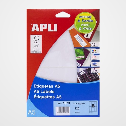 ETIQUETAS ADH.IMPR.APLI A5 BLANCA C.ROMOS BLISTER 15h 31x100 mm 120 uds.(01873)