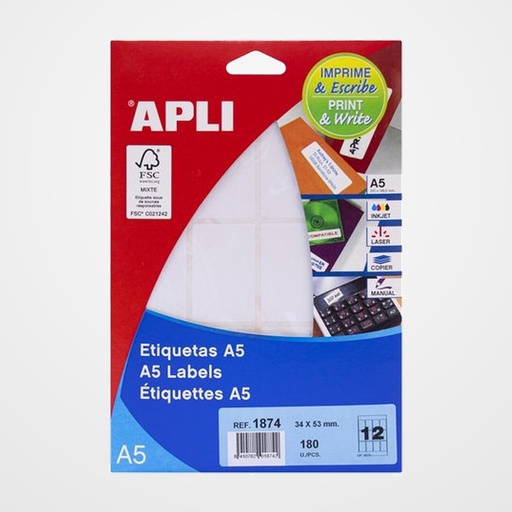 ETIQUETAS ADH.IMPR.APLI A5 BLANCA C.ROMOS BLISTER 15h 34x53 mm 180 uds.(01874)
