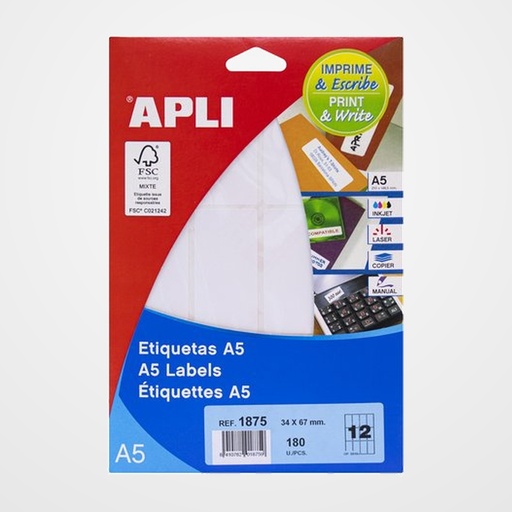 ETIQUETAS ADH.IMPR.APLI A5 BLANCA C.ROMOS BLISTER 15h 34x67 mm 180 uds.(01875)