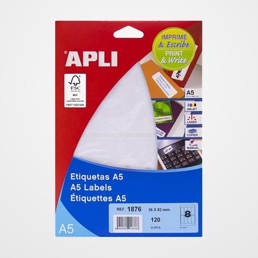 ETIQUETAS ADH.IMPR.APLI A5 BLANCA C.ROMOS BLISTER 15h 36x82 mm 120 uds.(01876)