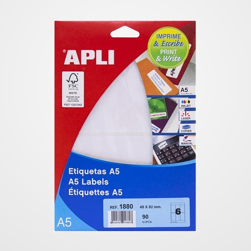 ETIQUETAS ADH.IMPR.APLI A5 BLANCA C.ROMOS BLISTER 15h 49x82 mm 90 uds.(01880)