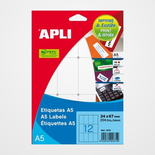 ETIQUETAS ADH.IMPR.APLI A5 BLANCA C.ROMOS REMOVIBLE BLISTER 15h 45x8 mm JOYERIA 765 uds.(10307)