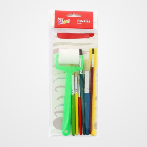 PINCEL COLORES FIXOKIDS pelo SINTETICO INFANTIL SET de 6 (incluye rodillo de espuma y espátula)