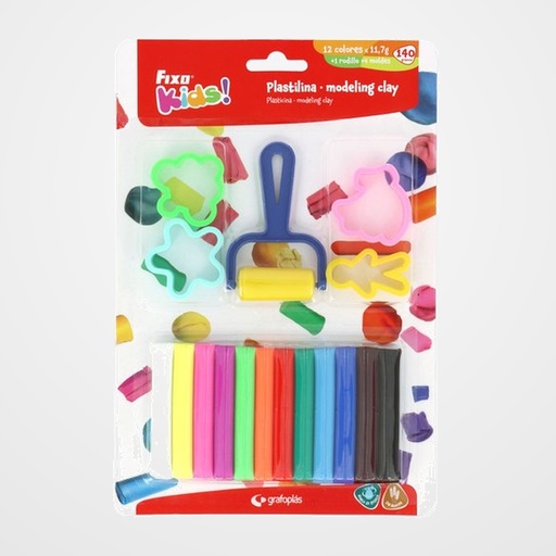 PLASTILINA FIXO KIDS BARRA 11,7gr. SET (12 barras plastilina + 4 moldes + 1 rodillo)