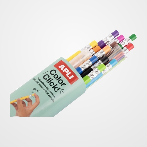 PORTAMINAS APLI APLI COLOR CLICK 2,6 mm SURTIDO ESTUCHE DE 12 (Incluye 12x recambios y 1x sacapuntas)