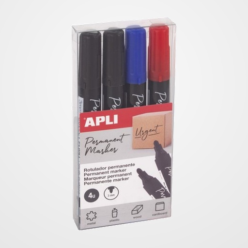ROTULADOR PERMANENTE APLI 3mm COLORES SURTIDOS BLISTER de 4
