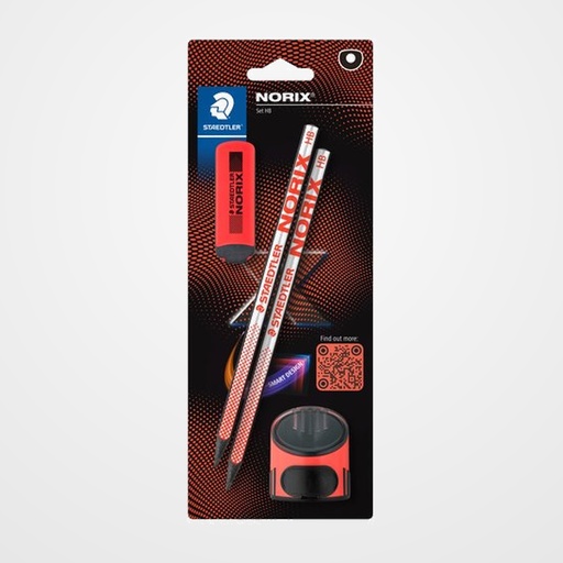 LAPIZ de GRAFITO STAEDTLER 181 NORIX - HB BLISTER de 2 + AFILA Y GOMA ROJO