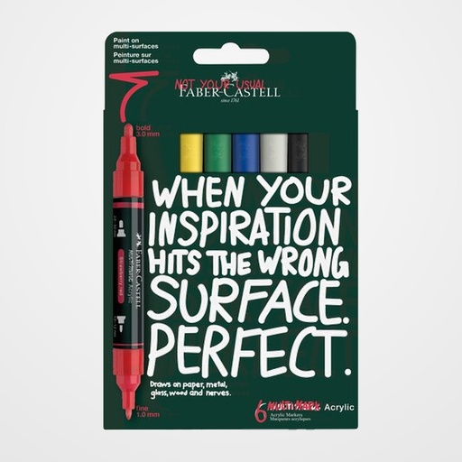 MARCADOR ACRYLIC FABER-CASTELL  MULTIMARK DOBLE PUNTA COLORES BASICOS PACK de 6