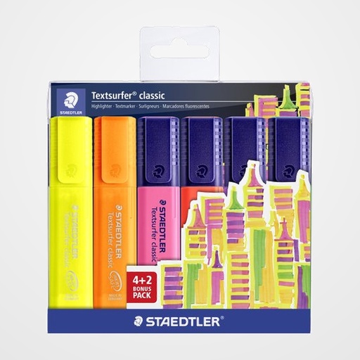 MARCADOR FLUOR STAEDTLER 364 TEXTSURFER SURTIDO ESTUCHE de 6 (4+2)