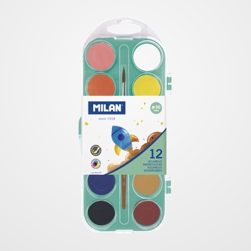 ACUARELAS MILAN Ø 30 mm con PINCEL ESTUCHE de 12
