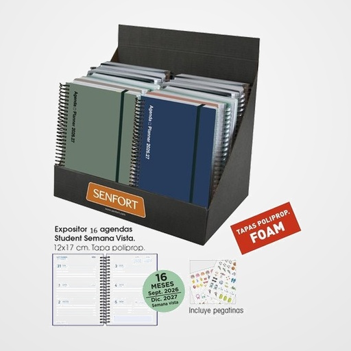 AGENDA ANUAL (2026-27) SENFORT 16 MESES STUDENT FOAM ESPIRAL tapa PP con GOMA 120x170 S/V SURTIDO EXPOSITOR DE 16