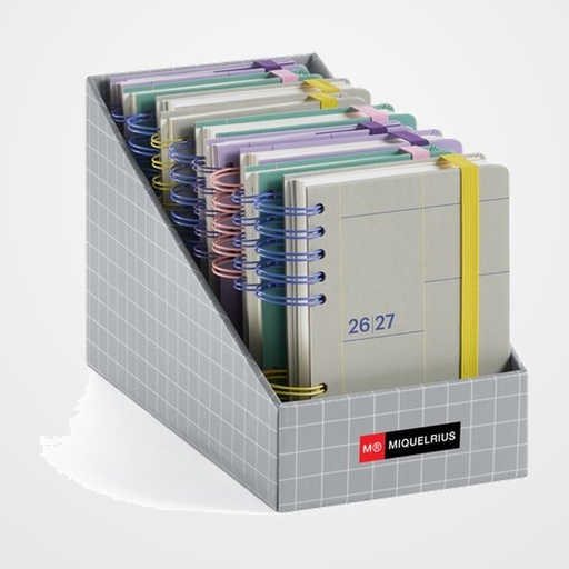 AGENDA ESCOLAR (2026-27) MIQUELRIUS CATALAN BACK TO BASICS WIRE-O tapa EXTRA con GOMA ACTIVA 8º ASSORTIMENT EXPOSITOR DE 15