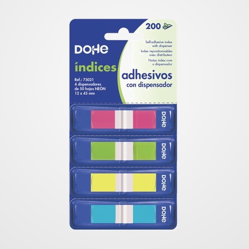 BANDERITAS ADHESIVAS DOHE 50h POR 4 COLORES NEON CON DISPENSADOR