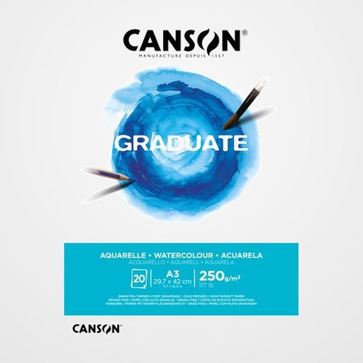 BLOC DE DIBUJO CANSON GRADUATE AQUARELLE ENCOLADO GRANO FINO A3 250g 20h