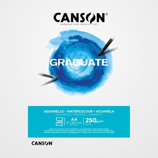 BLOC DE DIBUJO CANSON GRADUATE AQUARELLE ENCOLADO GRANO FINO A4 250g 20h