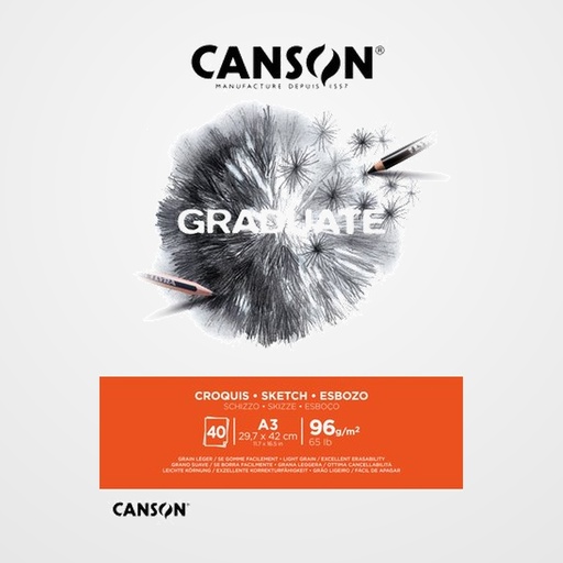 BLOC DE DIBUJO CANSON GRADUATE CROQUIS ENCOLADO GRANO FINO A3 96g 40h