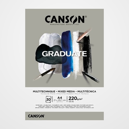 BLOC DE DIBUJO CANSON GRADUATE MIX MEDIA ENCOLADO GRIS DOBLE CARA A4 220g 30h