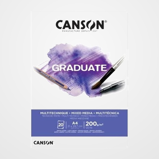 BLOC DE DIBUJO CANSON GRADUATE MIX MEDIA ENCOLADO LISO BLANCO A4 200g 20h