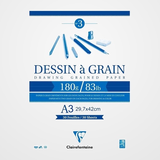 BLOC DE DIBUJO CLAIREFONTAINE DESSIN A GRAIN ENCOLADO BLANCO CON GRANO A3 180g 30h