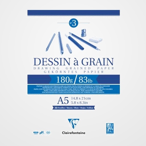BLOC DE DIBUJO CLAIREFONTAINE DESSIN A GRAIN ENCOLADO BLANCO CON GRANO A5 180g 30h