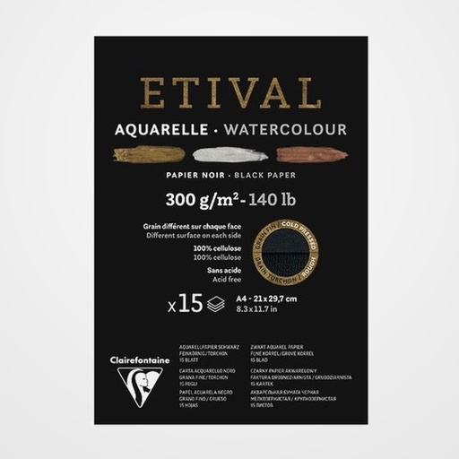 BLOC DE DIBUJO CLAIREFONTAINE ETIVAL ACUARELA ENCOLADO NEGRO DOBLE GRANO FINO/GRUESO A4 300g 15h