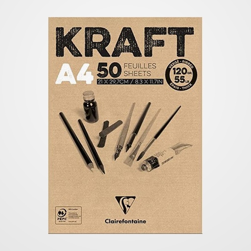 BLOC DE DIBUJO CLAIREFONTAINE KRAFT ENCOLADO MARRON VERJURADO A4 120g 50h