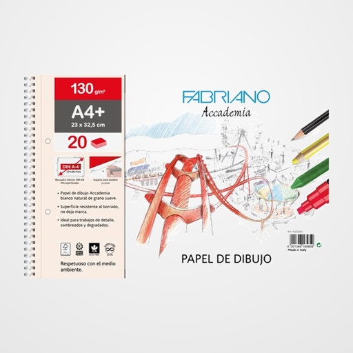 BLOC DE DIBUJO FABRIANO ACCADEMIA CON ESPIRAL LISO con RECUADRO 2 TALADROS A4+ 130g 20h