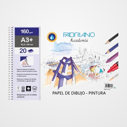 BLOC DE DIBUJO FABRIANO ACCADEMIA CON ESPIRAL LISO TECNICAS MIXTAS A3+ 160g 20h