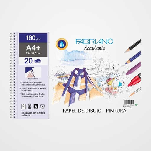 BLOC DE DIBUJO FABRIANO ACCADEMIA CON ESPIRAL LISO TECNICAS MIXTAS A4+ 160g 20h