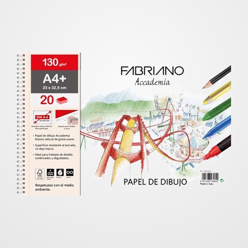 BLOC DE DIBUJO FABRIANO ACCADEMIA CON ESPIRAL LISO 2 TALADROS A4+ 130g 20h