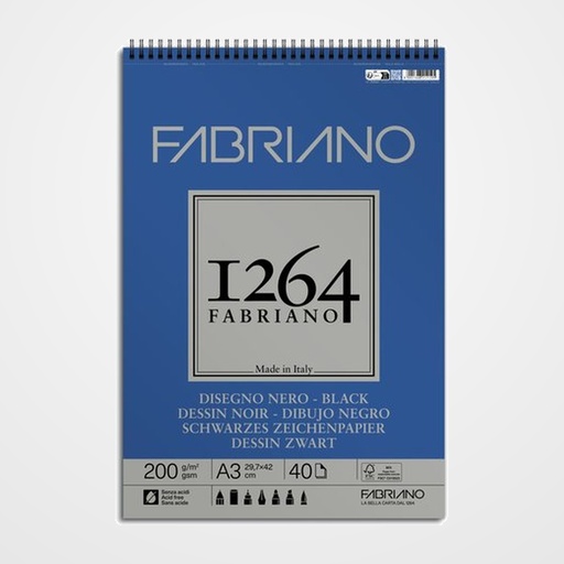 BLOC DE DIBUJO FABRIANO 1264 BLACK DRAWING CON ESPIRAL PAPEL NEGRO RUGOSO A3 200g 40h