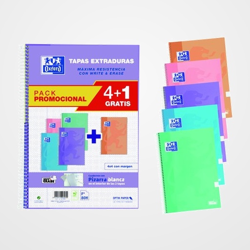BLOC OXFORD SCHOOL tapa EXTRA Fº 80h CUADRIC.4x4 90g PACK 4+1 (col. pastel)