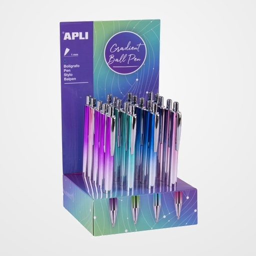 BOLIGRAFO APLI GRADIENT METAL EFECTO UVI COLORES SURTIDOS TINTA AZUL EXPOSITOR DE 20