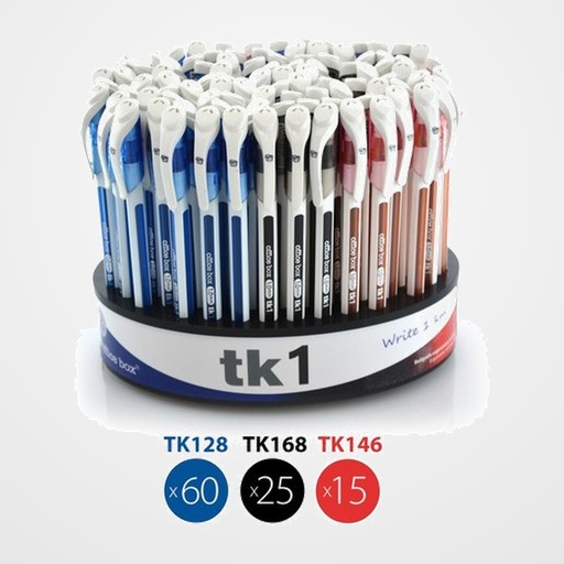 BOLIGRAFO OFFICE BOX TK1 1mm EXPOSITOR de 100 (60 AZULES, 25 NEGROS Y 15 ROJOS)