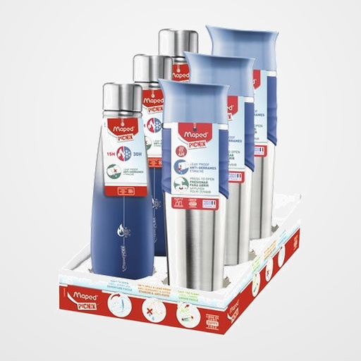 BOTELLA MAPED PICNIK SURTIDO ADULTO-C EXPOSITOR DE 6 3x 871903 CONCEPT VASO TERMICO ADULTO STORM BLUE 3x 871103 BOTELLA ACERO INOXIDABLE 500 ML AZUL