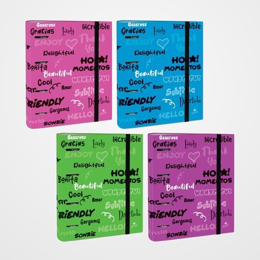 CARPEBLOC MARIOLA UNI 4 an.40mm  con REC. 100 hj. CUADRIC.4x4 90g SURTIDO FRASES  EXPOSITOR DE 10