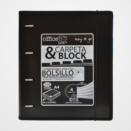 CARPEBLOC OFFICE BOX A4 4an.32 mm MIXTAS AUTOMATICAS, 100hj.90gr.CUADRIC.5x5 CIERRE DE GOMA 5 SEPARADORES EXTRA RIGIDOS CON INDICADORES Y BOLSILLO COLOR NEGRO