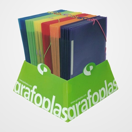 CARPETA de GOMAS y SOLAPAS GRAFOPLAS PP TRANS. COLORGRAF Fº  EXPOSITOR de 50
