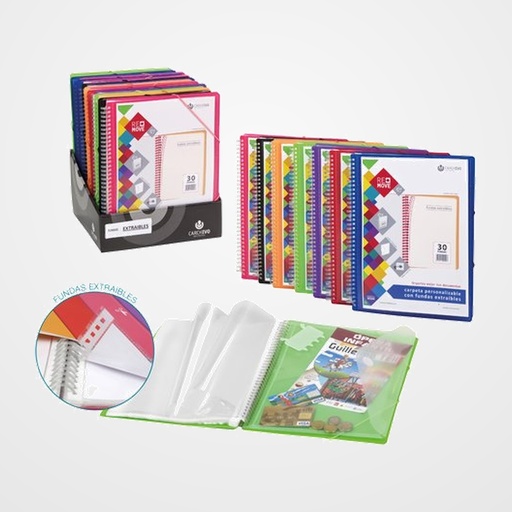 CARPETA FUNDAS (TARIFARIO) CARCHIVO REMOVE ESPIRAL PP A4 CANGURO con GOMA EXPOSITOR de 12 3x ref. 540020 20 F. 4x ref. 540030 30 F. 3x ref. 540040 40 F. 2x ref. 540050 50 F.