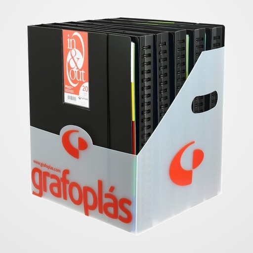 CARPETA FUNDAS (TARIFARIO) GRAFOPLAS ESPIRAL PP IN&OUT OPACO A4 EXPOSITOR de 11 2x 00394020 TARIF. 20 FUNDAS 3x 00394030 TARIF. 30 FUNDAS 3x 00394040 TARIF. 40 FUNDAS 3x 00394050 TARIF. 50 FUNDAS