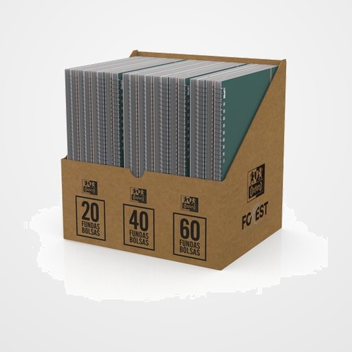 CARPETA FUNDAS (TARIFARIO) OXFORD FOREST POLYFOAM 50% RECICLADO ESPIRAL A4 SURTIDO EXPOSITOR DE 20 8x 20 FUNDAS 8x 40 FUNDAS 4x 60 FUNDAS