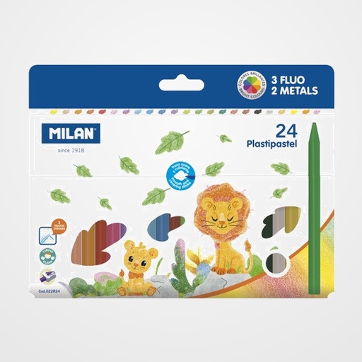 CERAS MILAN PLASTIPASTEL REDONDOS CAJA de 24 (3 colores fluor y dos metal)