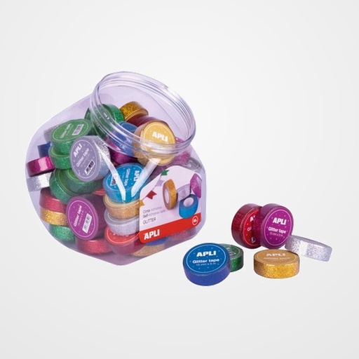 CINTA ADHESIVA APLI GLITTER rollo 15x5 SURTIDO EXPOSITOR de 60