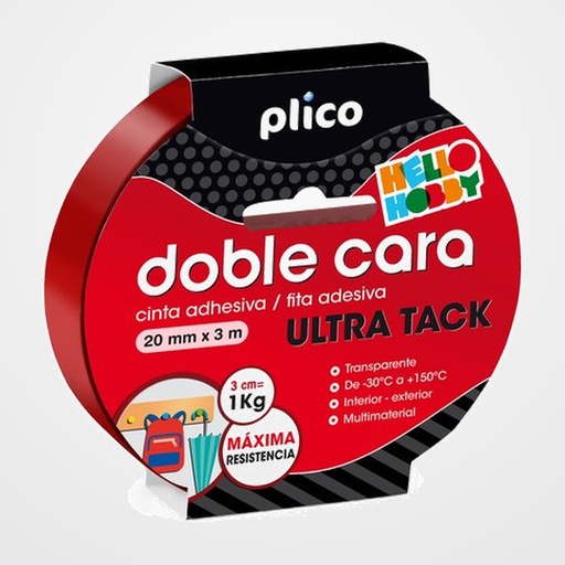 CINTA ADHESIVA DOBLE CARA PLICO rollo 3x20 ULTRA TACK