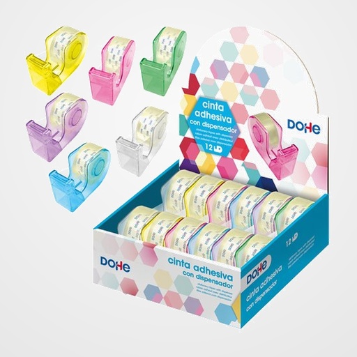 CINTA ADHESIVA rollo 18x20 con DISPENSADOR EXPOSITOR de 12