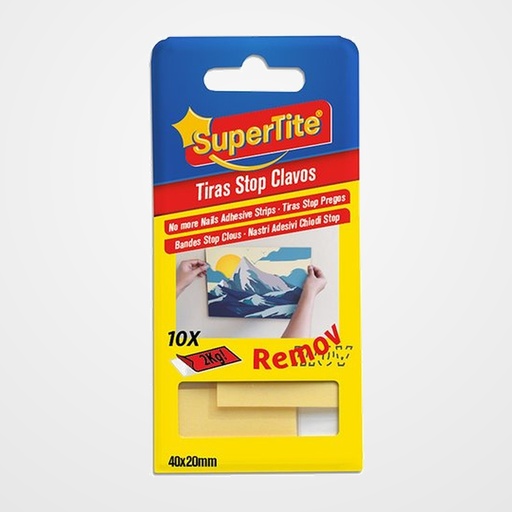 CINTA DOBLE CARA SUPERTITE STOP CLAVOS REMOVIBLE 40x20mm ESTUCHE DE 10