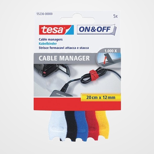 CINTA VELCRO TESA ON&OFF para AGRUPAR CABLES 5 tiras de 200x12mm COLORES SURTIDOS