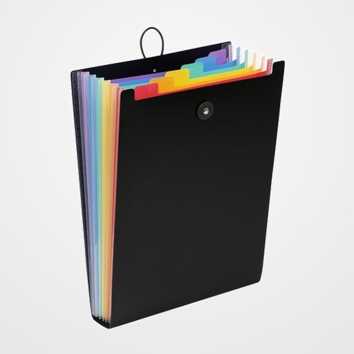 CLASIFICADOR ACORDEON VIQUEL RAINBOW CLASS PP OPACO A4 6 DPTOS. VERTICAL CIERRE ELASTICO/BOTON INTERIOR MULTICOLOR EXTERIOR NEGRO